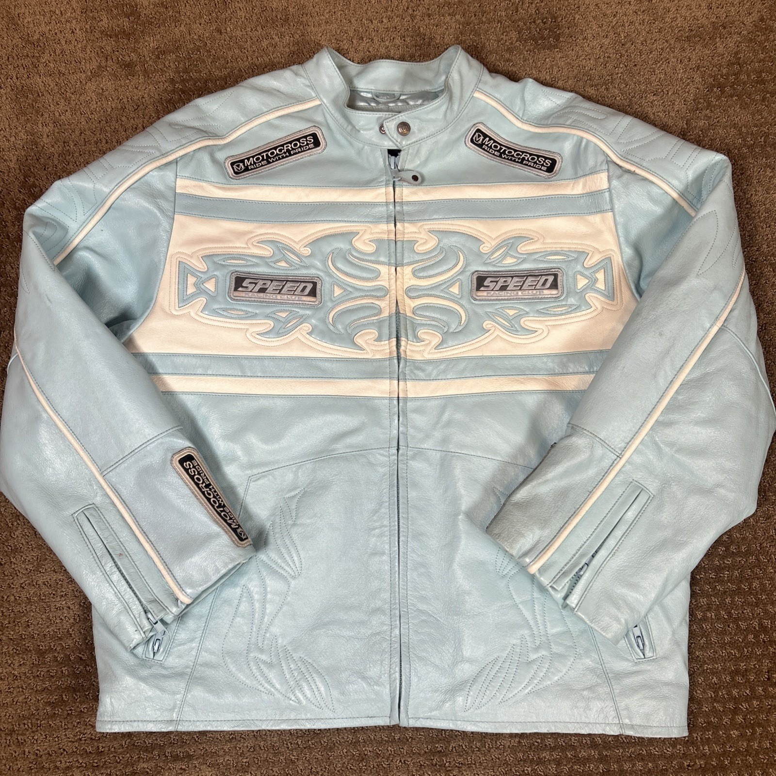R11 Men's Blue Leather Motor Cycle Jacket Full Zip Size 2xl Good Condition